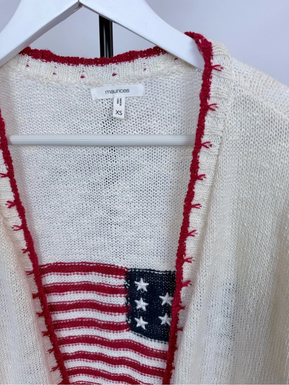 Maurices Cream Open-Front Cardigan with Red Trim and Flag Motif